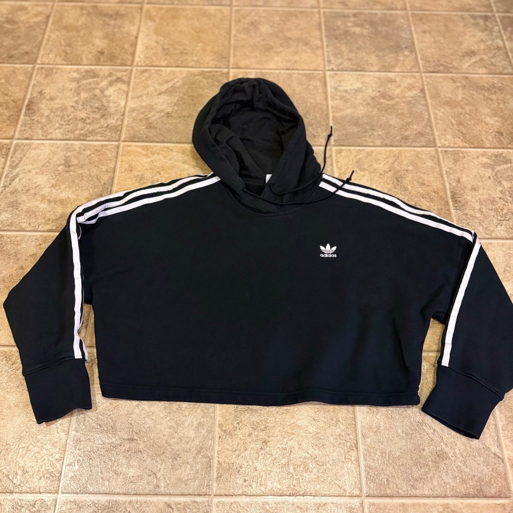 Adidas Originals Womens Black Cropped Hoodie 3-Stripe Trefoil Pullover Small